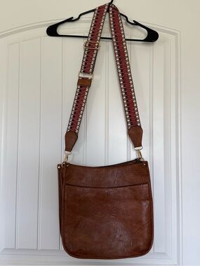 Women’s Brown Crossbody Bag with Patterned Strap